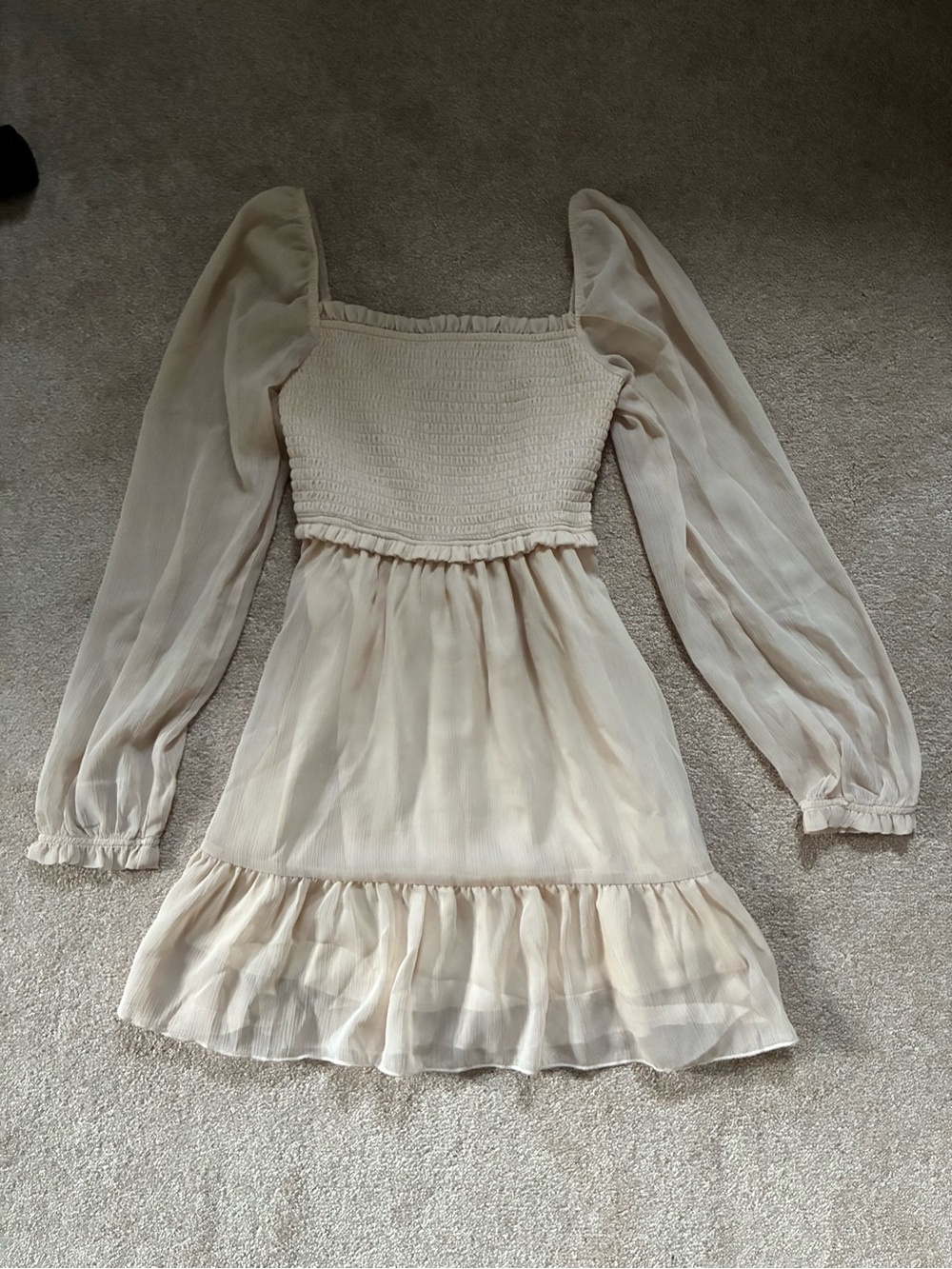 Stitches Cream Long Sleeve Smocked Bodice Mini Dress